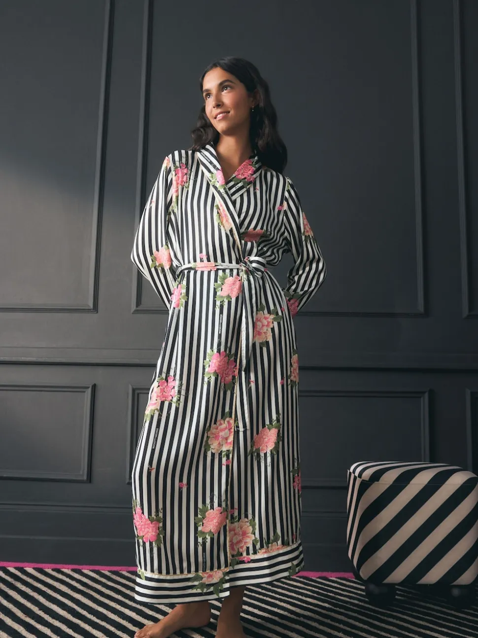Rockett St George Black/White Flower Power Stripe Satin Robe