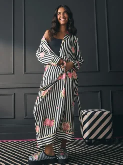 Rockett St George Black/White Flower Power Stripe Satin Robe