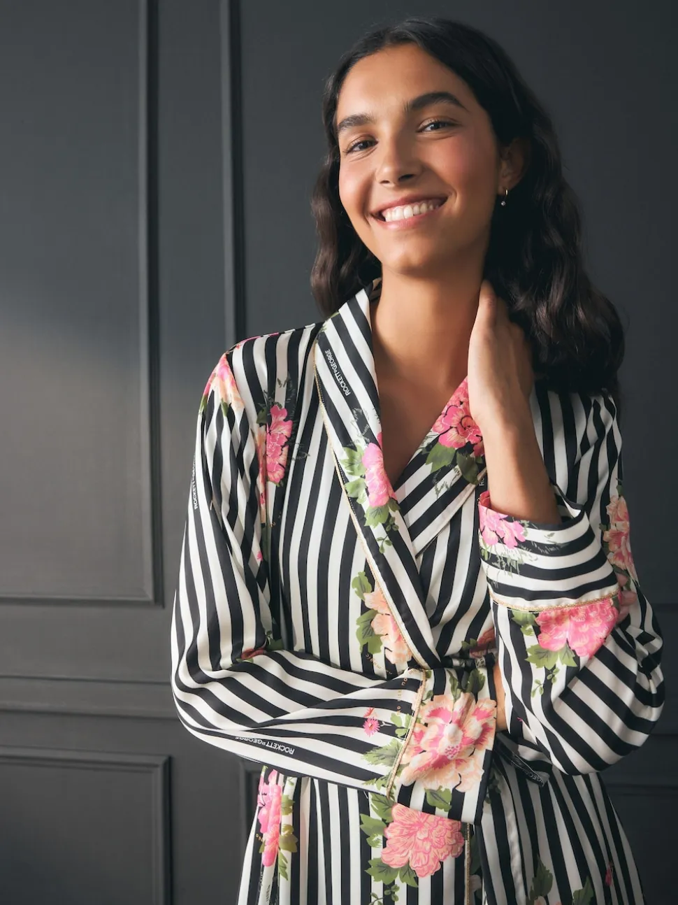 Rockett St George Black/White Flower Power Stripe Satin Robe