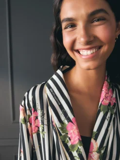 Rockett St George Black/White Flower Power Stripe Satin Robe