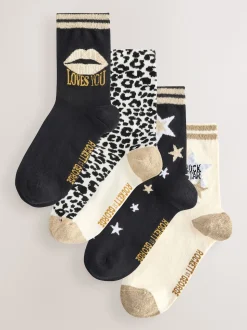 Rockett St George Monochrome Animal Print 4 Pack Ankle Socks