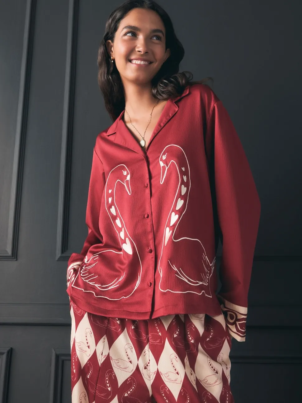 Rockett St George Red Argyle Swan Textured Satin Button Through Pyjamas