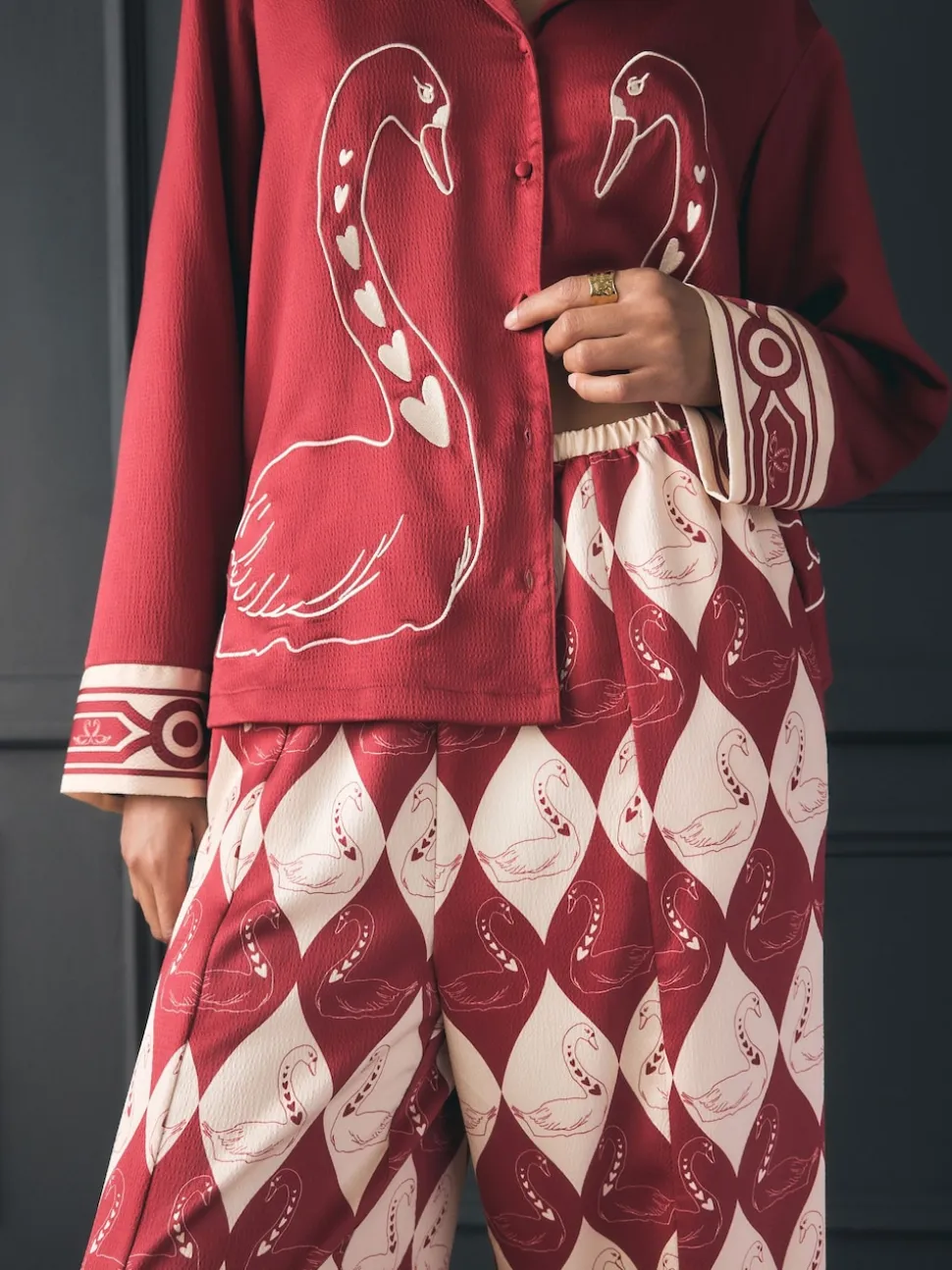 Rockett St George Red Argyle Swan Textured Satin Button Through Pyjamas
