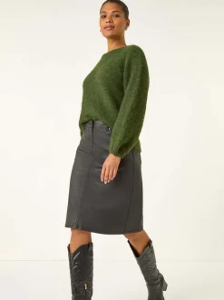 Roman Black Coated Midi Pencil Skirt