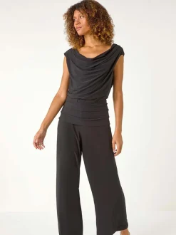 Roman Black Cowl Neck Ruched Stretch Jumpsuit