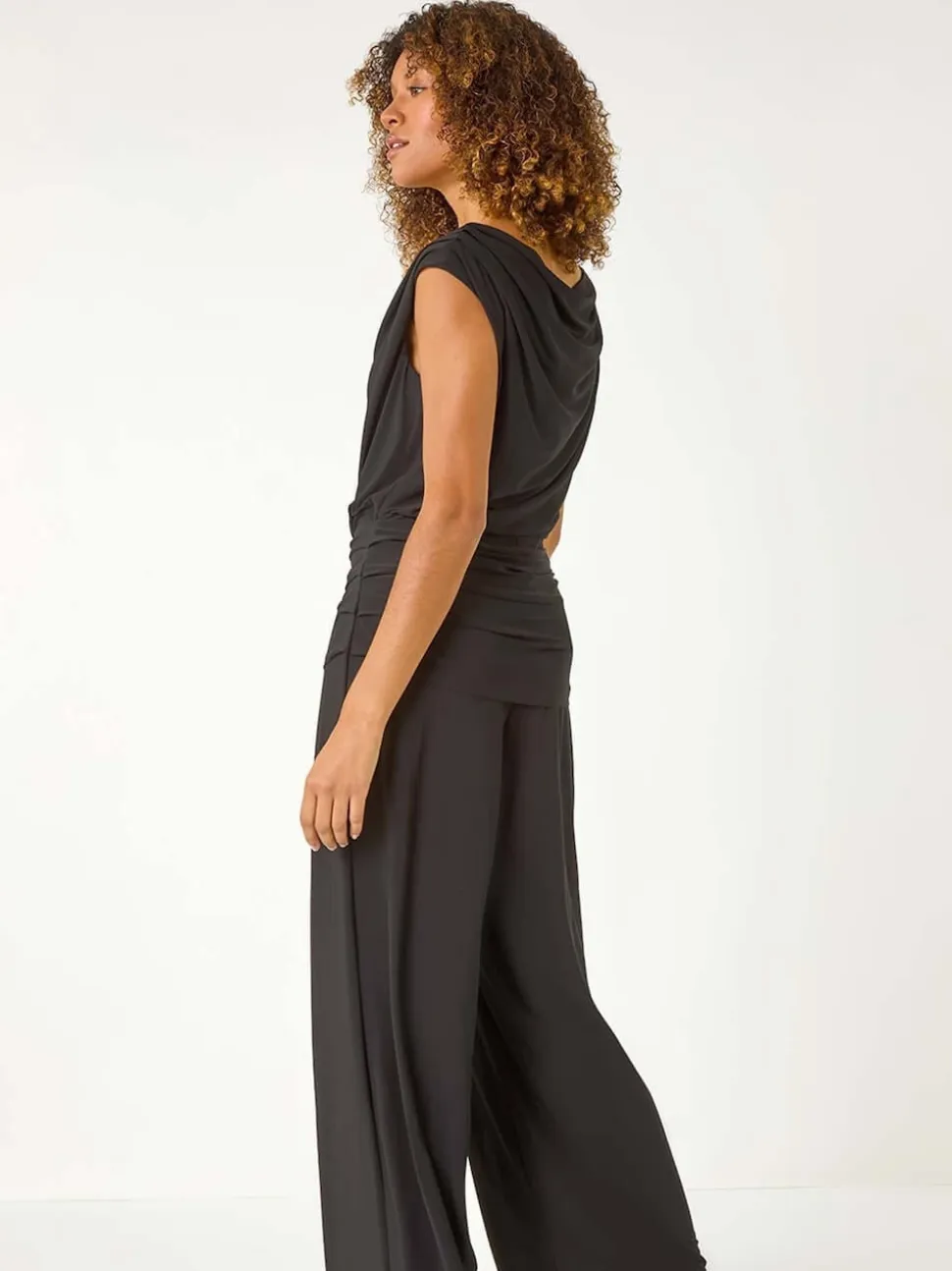 Roman Black Cowl Neck Ruched Stretch Jumpsuit
