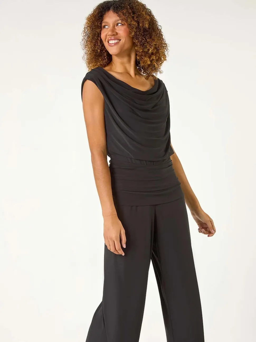 Roman Black Cowl Neck Ruched Stretch Jumpsuit
