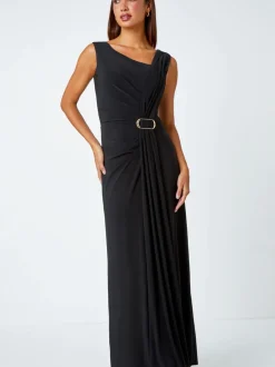 Roman Black Draped Buckle Detail Maxi Dress