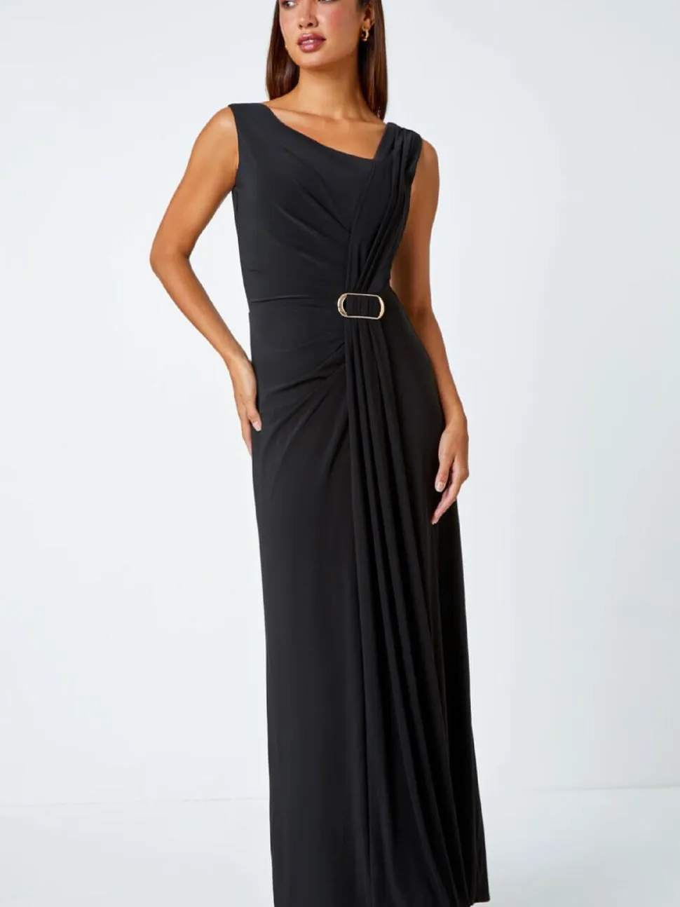 Roman Black Draped Buckle Detail Maxi Dress