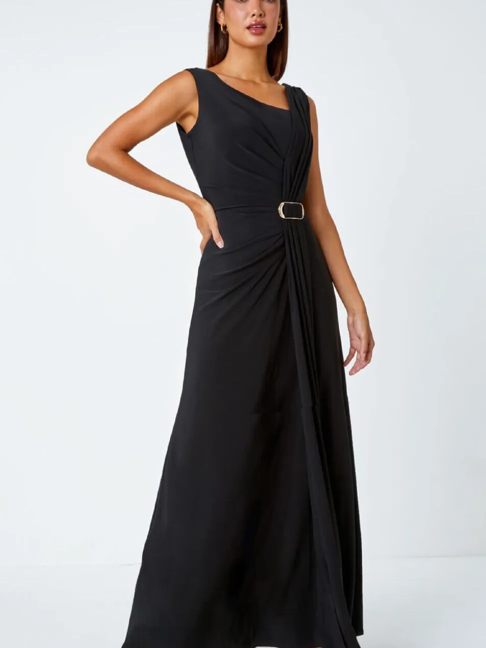 Roman Black Draped Buckle Detail Maxi Dress