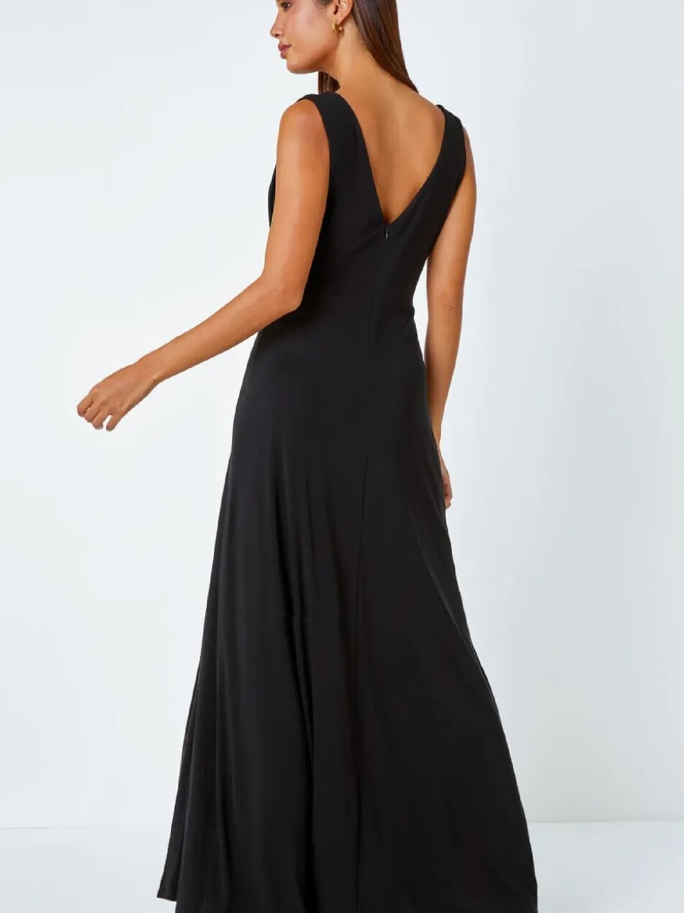 Roman Black Draped Buckle Detail Maxi Dress