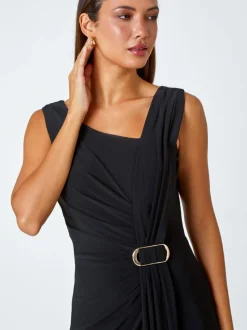 Roman Black Draped Buckle Detail Maxi Dress