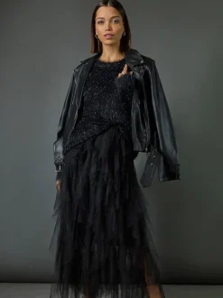 Roman Black Elasticated Mesh Layered Skirt