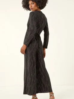 Roman Black Embellished Wide Leg Stretch Jumpsuit