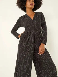 Roman Black Embellished Wide Leg Stretch Jumpsuit