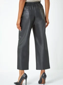 Roman Black Faux Leather Wide Leg Crop Trousers