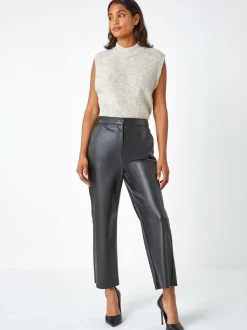 Roman Black Faux Leather Wide Leg Crop Trousers