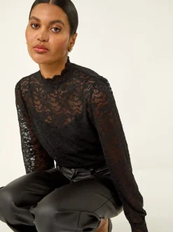 Roman Black Lace Frill High Neck Stretch Shirt