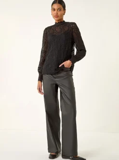 Roman Black Lace Frill High Neck Stretch Shirt
