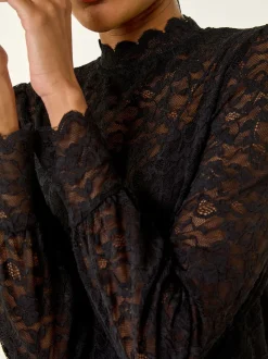 Roman Black Lace Frill High Neck Stretch Shirt