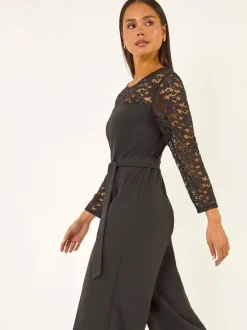 Roman Black Petite Lace Contrast Stretch Jumpsuit