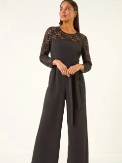 Roman Black Petite Lace Contrast Stretch Jumpsuit