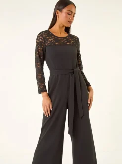 Roman Black Petite Lace Contrast Stretch Jumpsuit