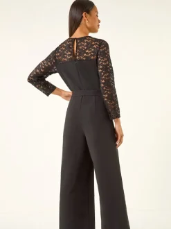 Roman Black Petite Lace Contrast Stretch Jumpsuit