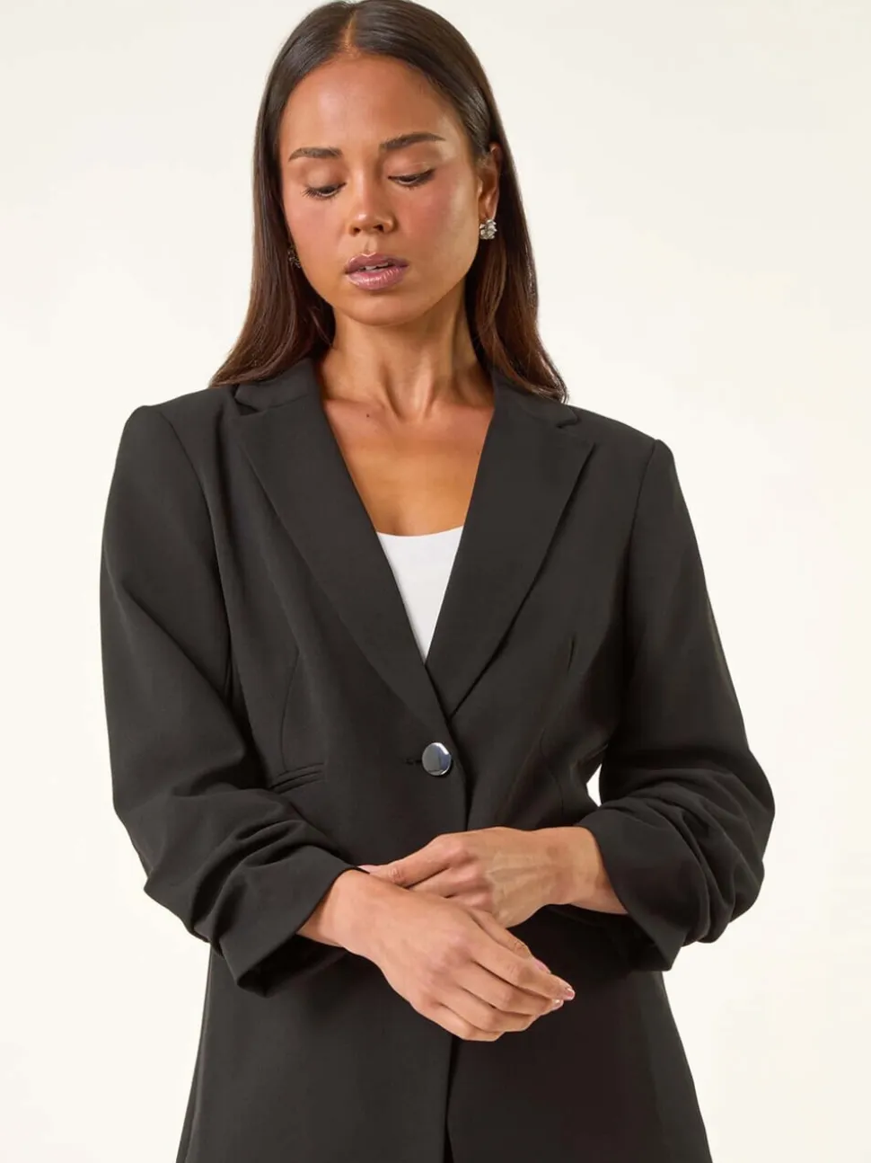 Roman Black Petite Ruched Buttoned Blazer