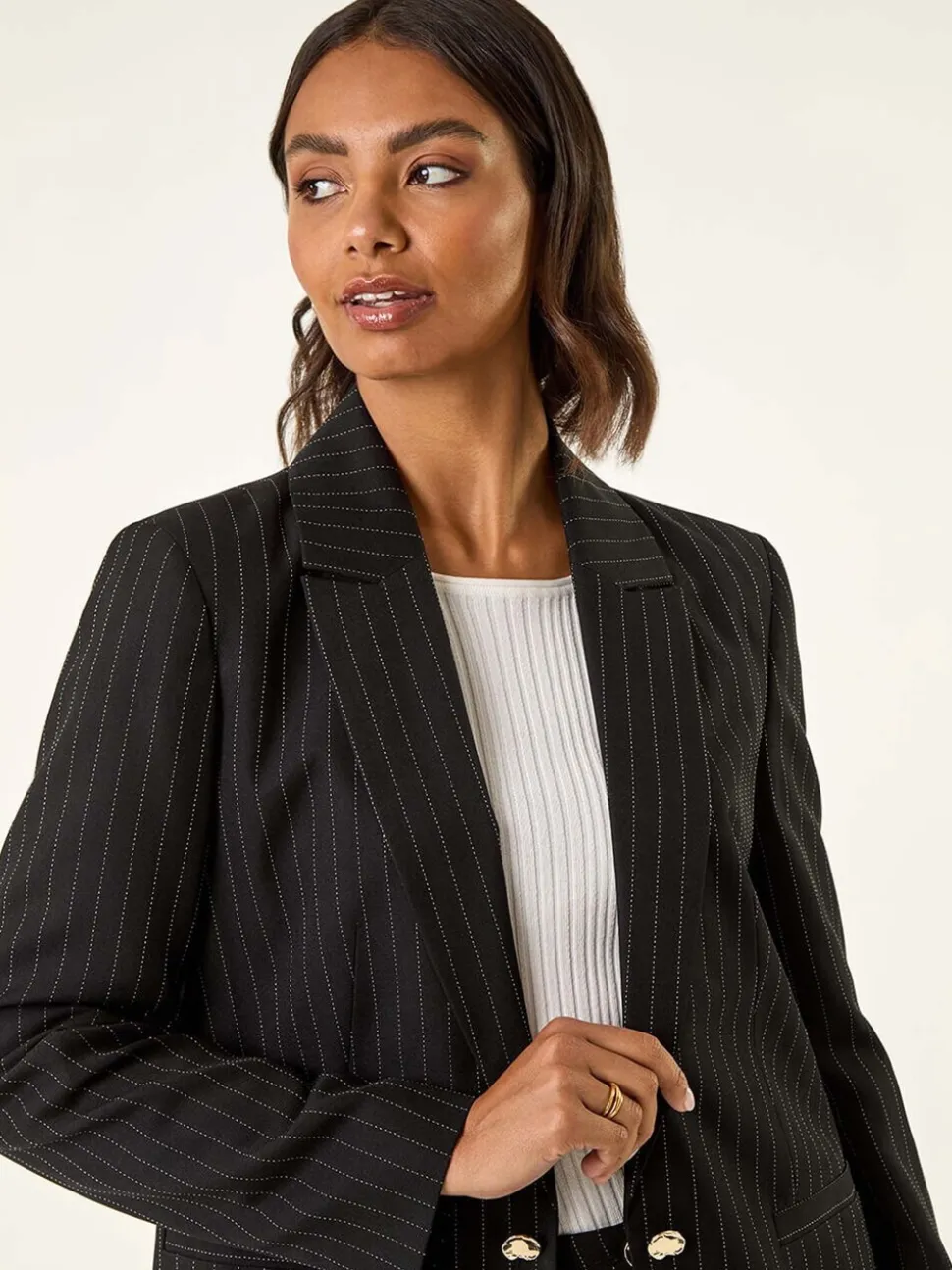 Roman Black Pinstripe Revered Collar Blazer