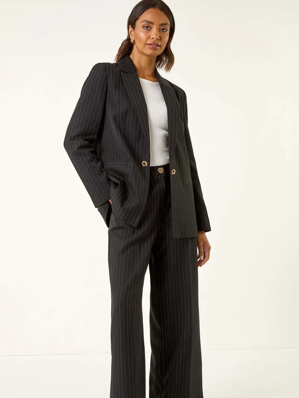 Roman Black Pinstripe Revered Collar Blazer