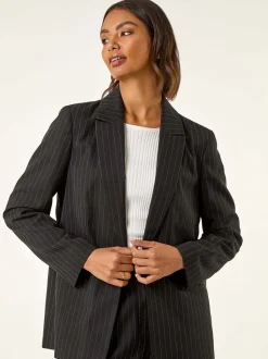 Roman Black Pinstripe Revered Collar Blazer
