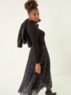 Roman Black Printed Lace Overlay Skirt