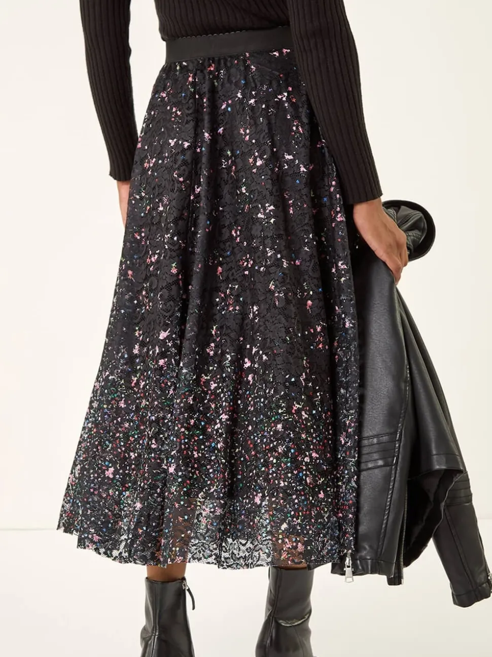 Roman Black Printed Lace Overlay Skirt