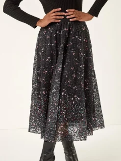 Roman Black Printed Lace Overlay Skirt