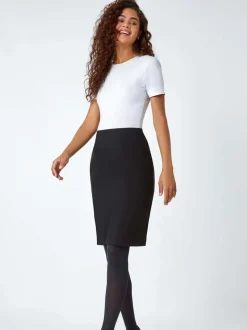 Roman Black Pull On Stretch Elastic Waist Pencil Skirt