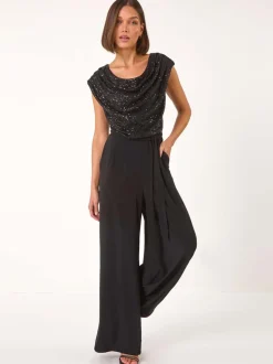Roman Black Sequin Bodice Cowl Neck Jumpsuit