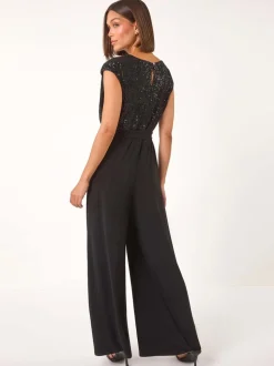 Roman Black Sequin Bodice Cowl Neck Jumpsuit