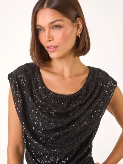 Roman Black Sequin Bodice Cowl Neck Jumpsuit