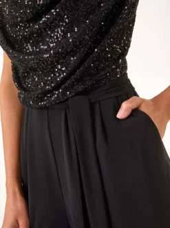 Roman Black Sequin Bodice Cowl Neck Jumpsuit