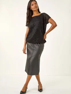 Roman Black Sequin Cut Out Blouse