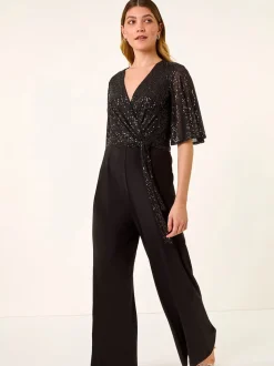Roman Black Sequin Flutter Sleeve Stretch Jumpsuit