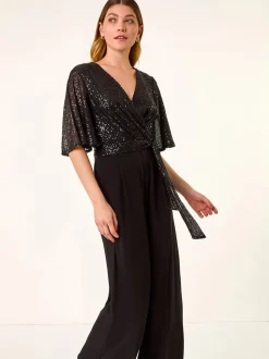Roman Black Sequin Flutter Sleeve Stretch Jumpsuit