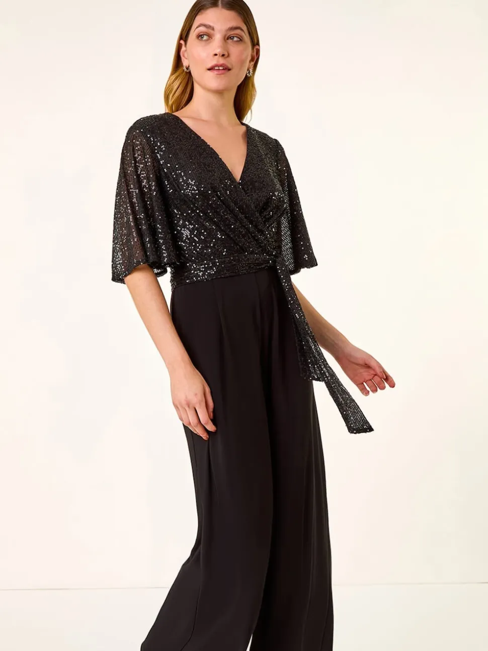 Roman Black Sequin Flutter Sleeve Stretch Jumpsuit