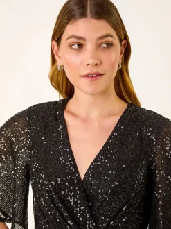Roman Black Sequin Flutter Sleeve Stretch Jumpsuit