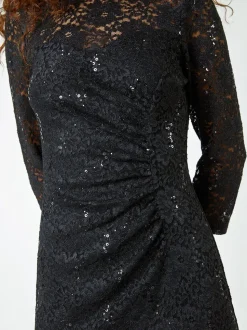 Roman Black Sequin Lace Ruched Stretch Dress