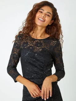 Roman Black Sequin Lace Ruched Stretch Dress