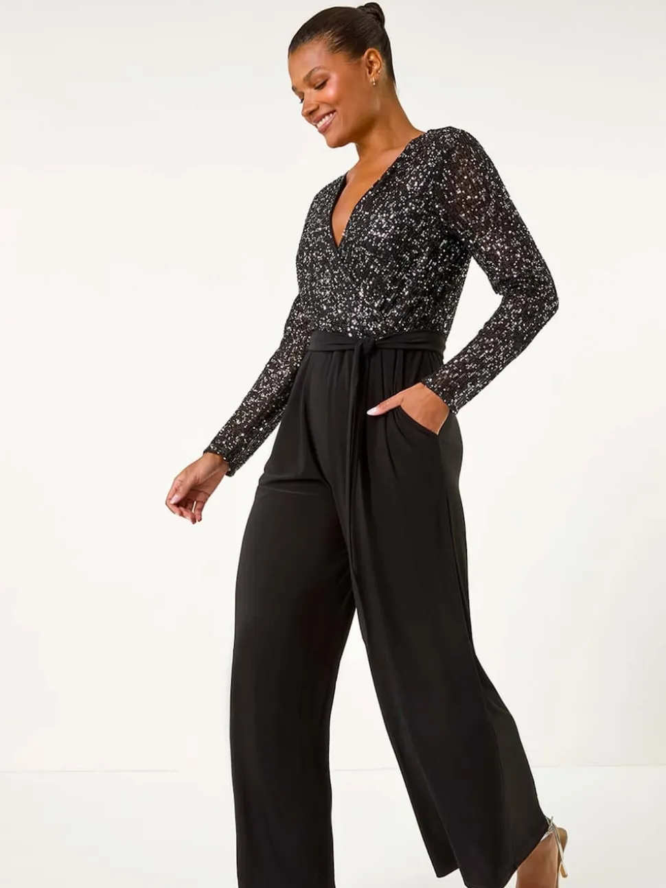 Roman Black Sequin Wrap V-Neck Stretch Jumpsuit