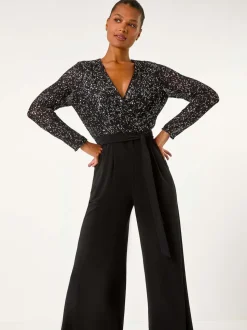 Roman Black Sequin Wrap V-Neck Stretch Jumpsuit