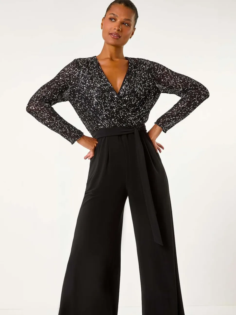 Roman Black Sequin Wrap V-Neck Stretch Jumpsuit